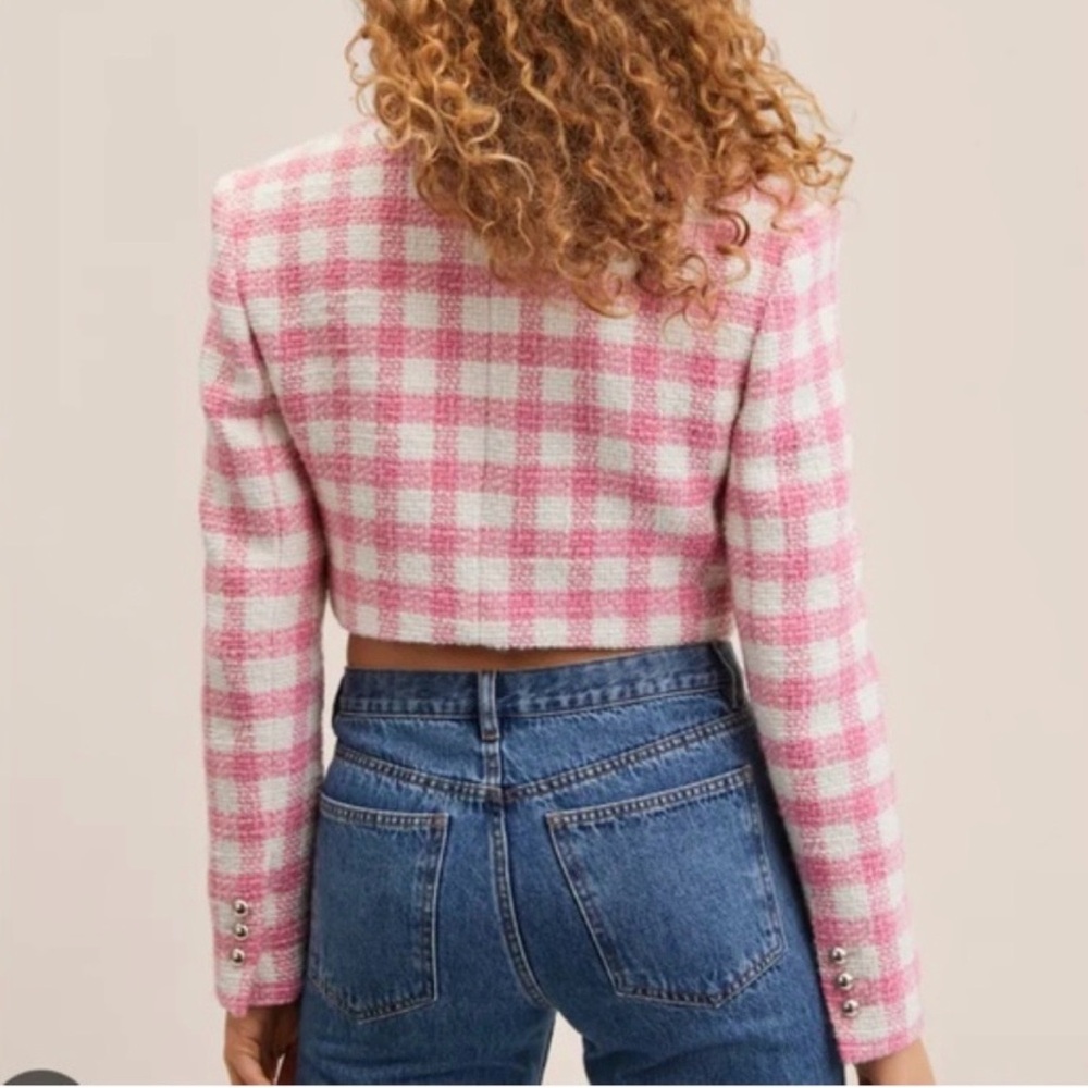 MANGO Pink White Plaid Check Tweed Cropped Blazer Jacket. - Picture 2 of 16